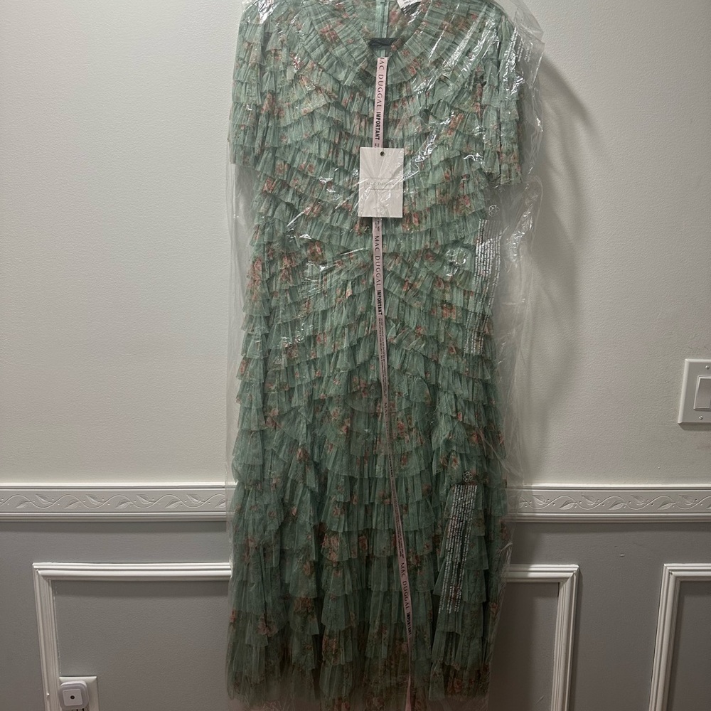 New Mac Duggal Size 16 Green Floral Ruffle Tiered Short Sleeve A Line Midi Dress - Picture 4 of 10